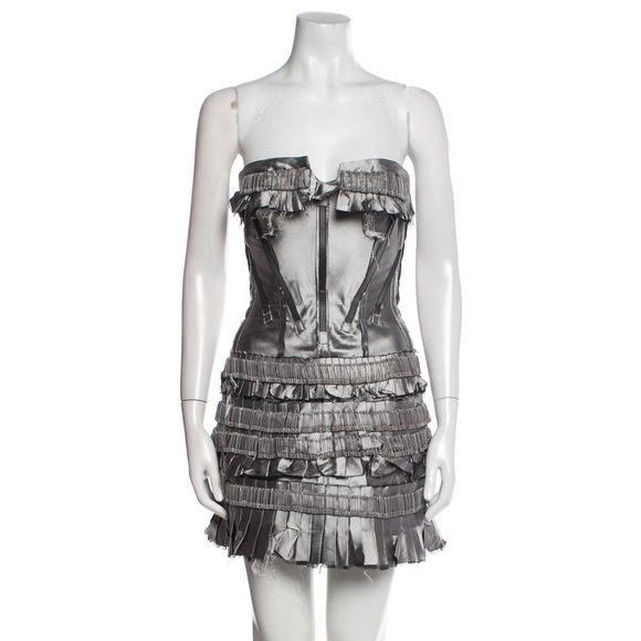 Giles Deacon Silver Metallic Silk Safety Pin Raw Hem Pleated Mini Dress - Picture 1 of 10